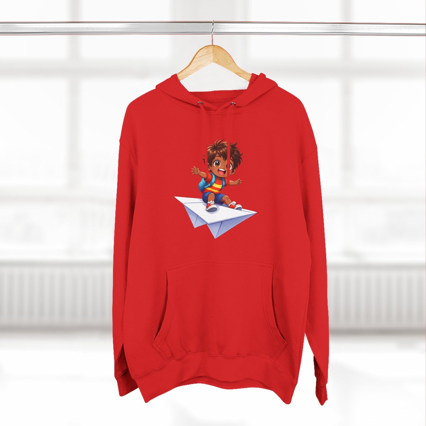 Kid Surfing Paper Plane Hoodie - Cute Cartoon Boy Graphic Pullover