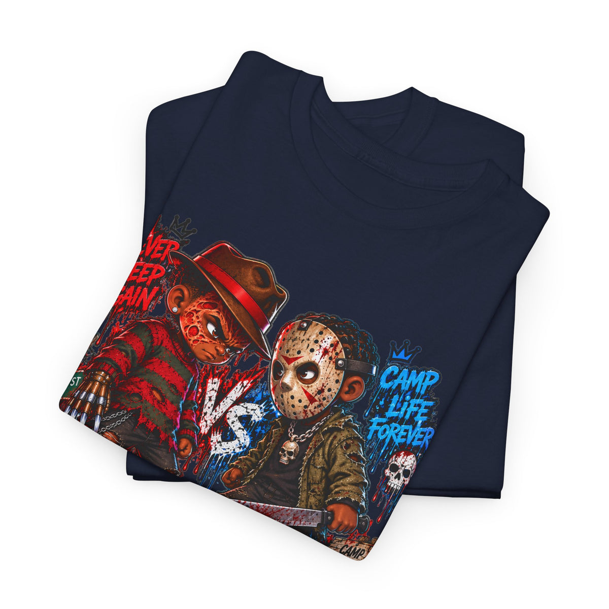 Horror Icons Tee — 'Freddy vs Jason' Cartoon Horror Graphic T-Shirt