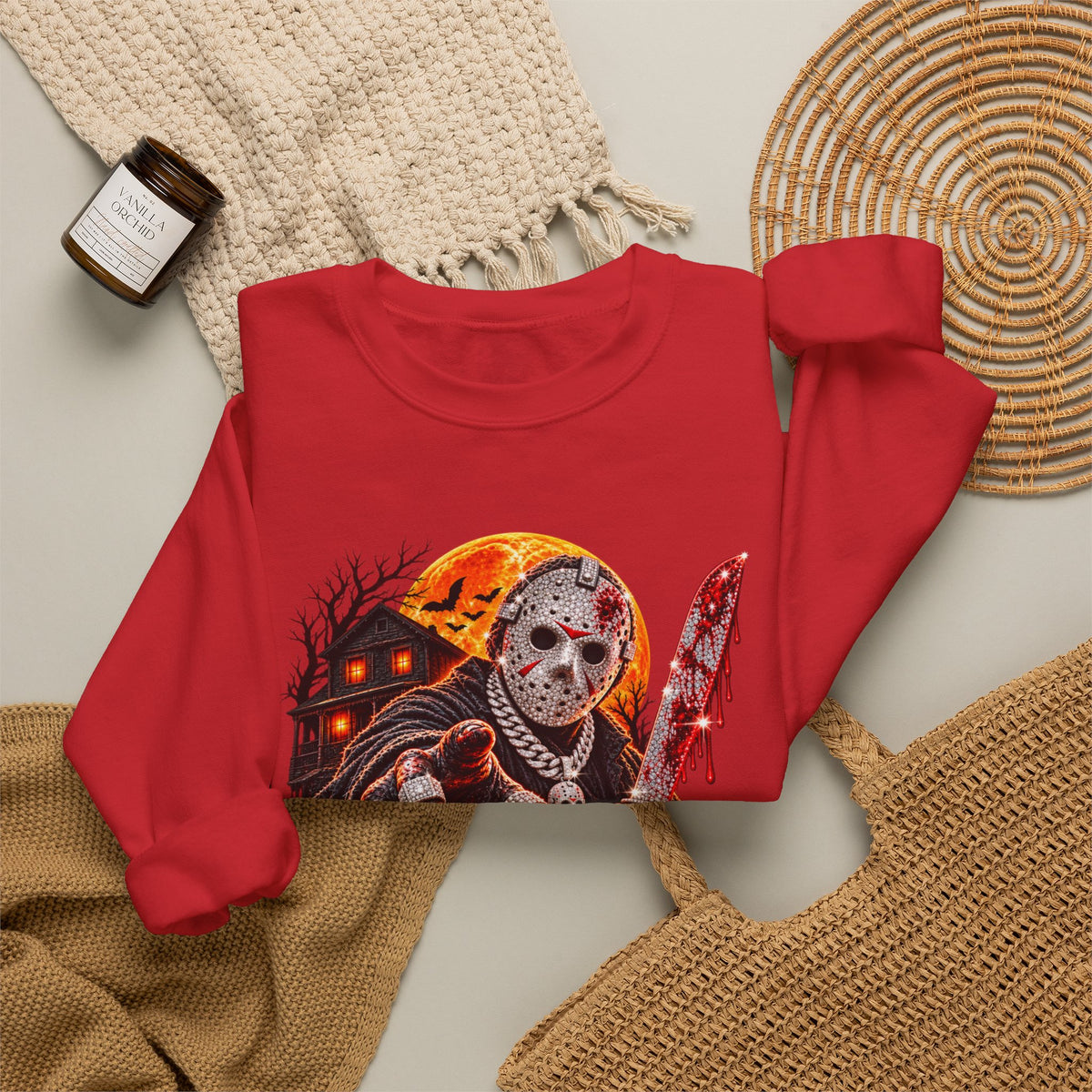 Halloween Slasher Crewneck Sweatshirt — Retro Jason Mask, Pumpkins & Blood Drip Graphic