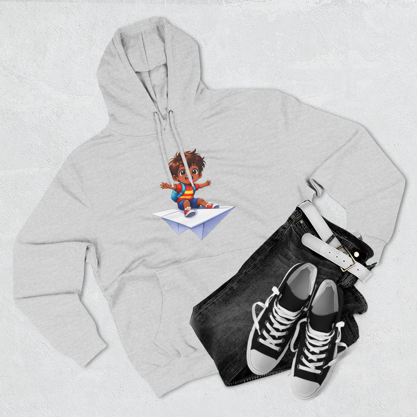Kid Surfing Paper Plane Hoodie - Cute Cartoon Boy Graphic Pullover