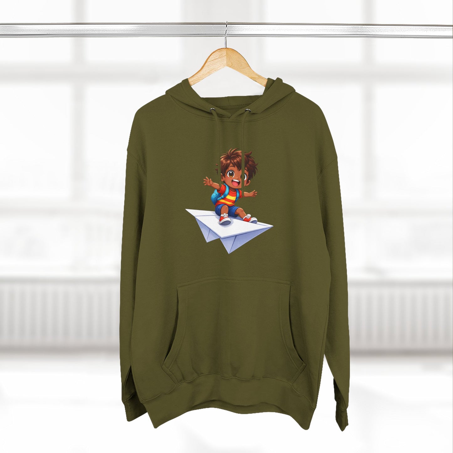 Kid Surfing Paper Plane Hoodie - Cute Cartoon Boy Graphic Pullover