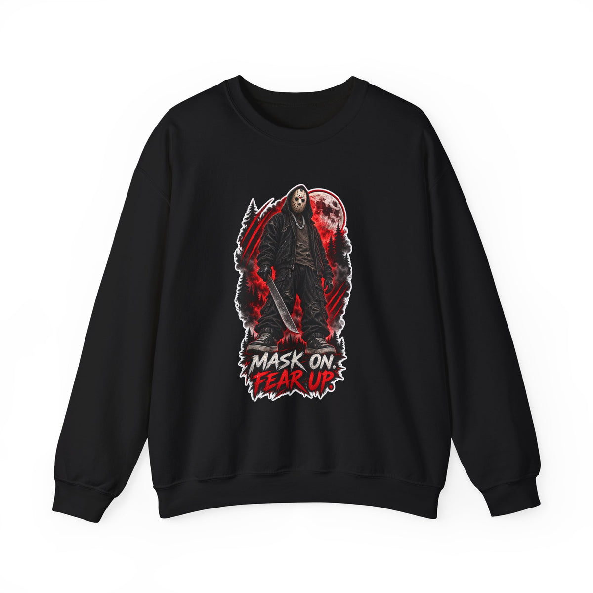 Horror Mask Graphic Sweatshirt — "Mask On Fear Up" Crewneck